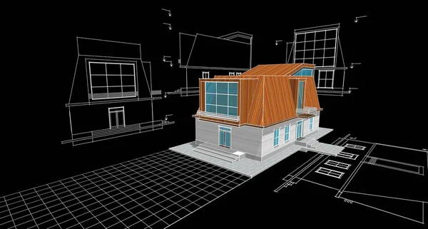 屋根裏部屋のスケッチ3Dイラストのモダンな家 — ストック写真
