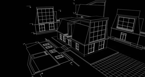 带有阁楼草图的现代住宅3D插图 — 图库照片