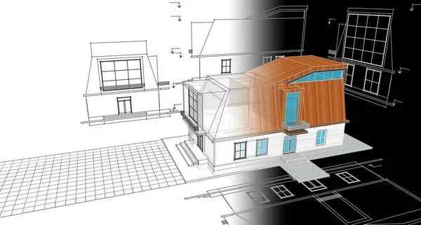 屋根裏部屋のスケッチ3Dイラストのモダンな家 — ストック写真