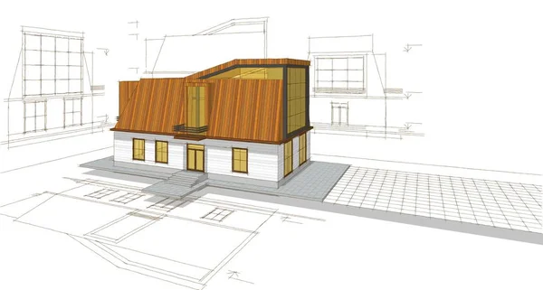 带有阁楼草图的现代住宅3D插图 — 图库照片