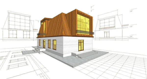 modern house with attic sketch 3d illustration