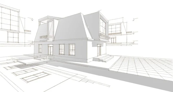 带有阁楼草图的现代住宅3D插图 — 图库照片