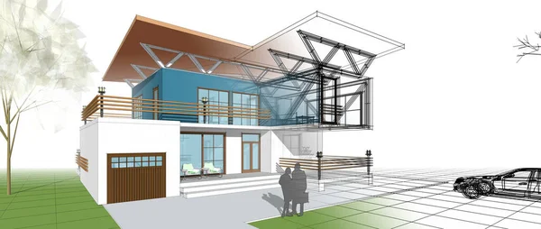 房屋建筑草图3D插图 — 图库照片