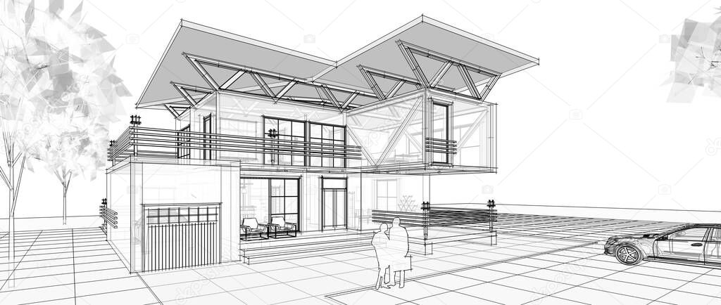 house architectural sketch 3d illustration