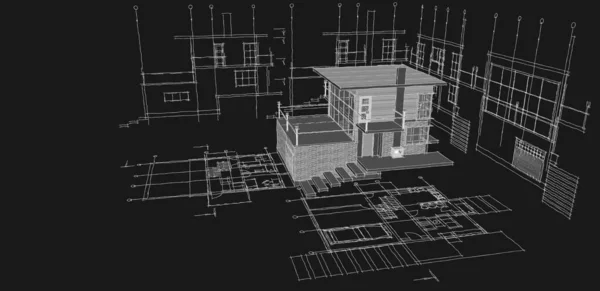 家の計画は建築のスケッチ3Dイラストに直面し — ストック写真