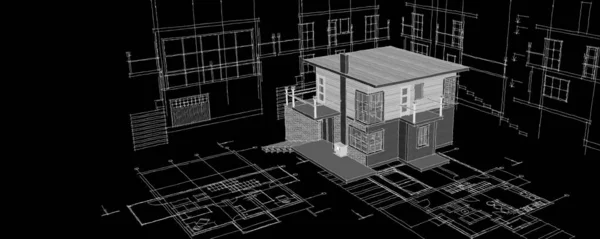 Haus Plan Fassaden Architektonische Skizze Illustration — Stockfoto