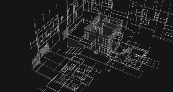 家の計画は建築のスケッチ3Dイラストに直面し — ストック写真