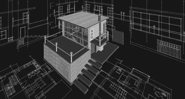 Haus Plan Fassaden Architektonische Skizze Illustration — Stockfoto