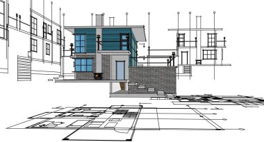 ev planı mimari taslak 3D illüstrasyon