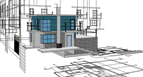 Hus Plan Fasader Arkitektonisk Skiss Illustration — Stockfoto