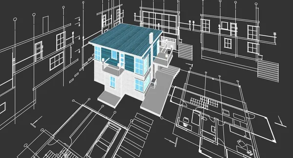 家の計画は建築のスケッチ3Dイラストに直面し — ストック写真