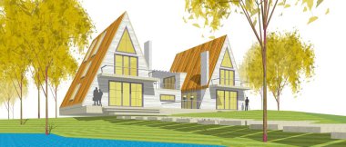 Kasaba mimarisi çizimi 3D illüstrasyon