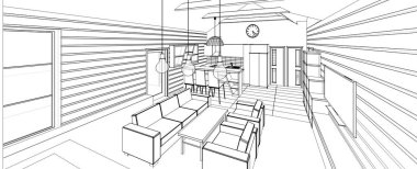 İç mutfak oturma odası 3D görüntü