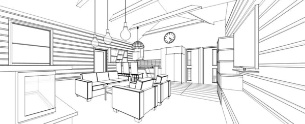 Cozinha Interior Sala Estar Ilustração — Fotografia de Stock