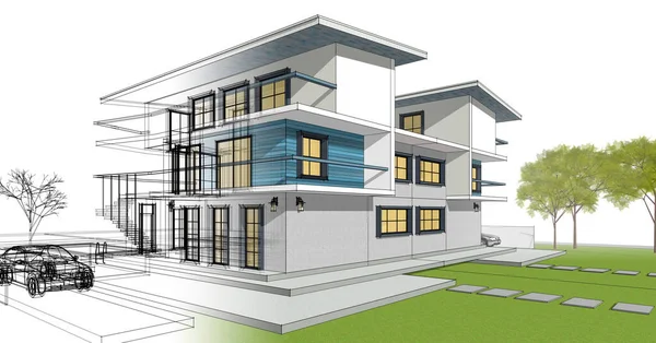 Архитектурный Эскиз Таунхауса Иллюстрация — стоковое фото