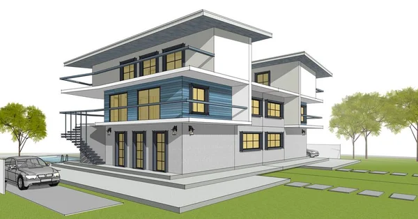 Kasaba mimarisi çizimi 3D illüstrasyon