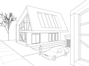 Kasaba evleri mimari taslak 3D illüstrasyon