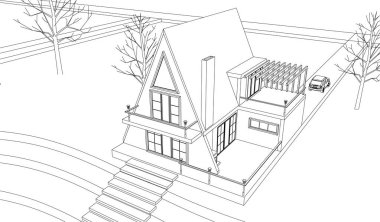 Kasaba evleri mimari taslak 3D illüstrasyon