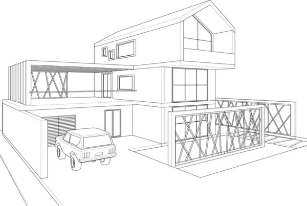 房屋建筑草图3D插图 — 图库矢量图片