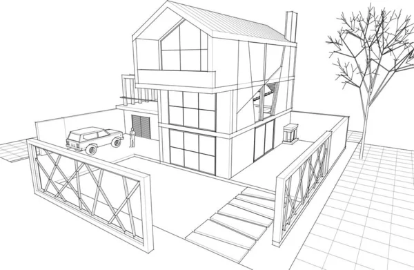 房屋建筑草图3D插图 — 图库矢量图片