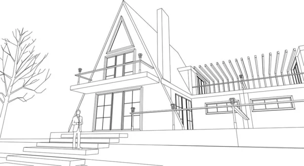 タウンハウス建築スケッチ3Dイラスト — ストックベクタ