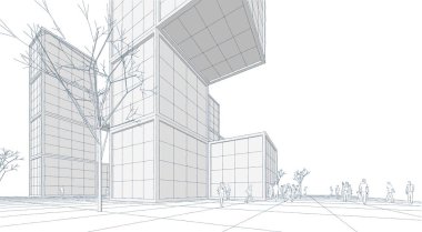 şehir meydanı modern soyut mimari 3D illüstrasyon