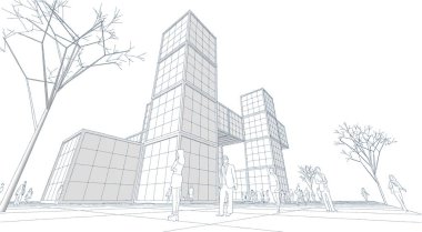 şehir meydanı modern soyut mimari 3D illüstrasyon