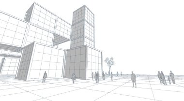 şehir meydanı modern soyut mimari 3D illüstrasyon