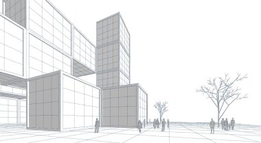 şehir meydanı modern soyut mimari 3D illüstrasyon