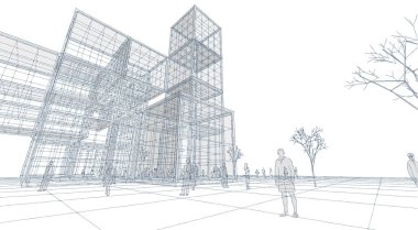 şehir meydanı modern soyut mimari 3D illüstrasyon