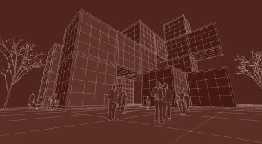 şehir meydanı modern soyut mimari 3D illüstrasyon