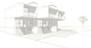 Kasaba mimarisi çizimi 3D illüstrasyon