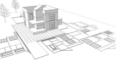 Modern ev çizimi 3d illüstrasyon