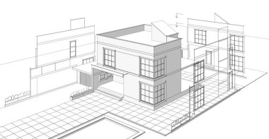 Modern ev çizimi 3d illüstrasyon