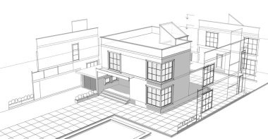 Modern ev çizimi 3d illüstrasyon