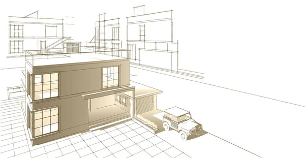 现代房屋草图3D插图 — 图库照片