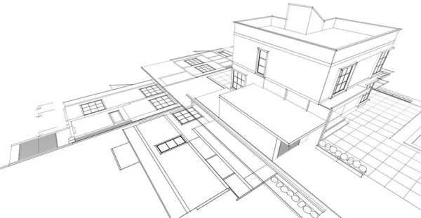 现代房屋草图3D插图 — 图库照片