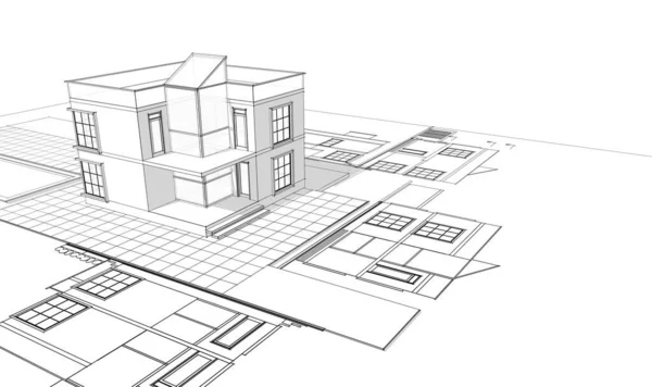 现代房屋草图3D插图 — 图库照片