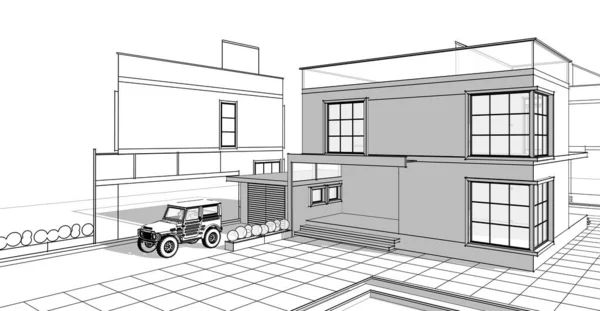 现代房屋草图3D插图 — 图库照片