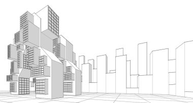 modern geometrik mimari şehir 3D illüstrasyon