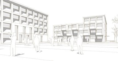 şehir meydanı modern soyut mimari 3D illüstrasyon