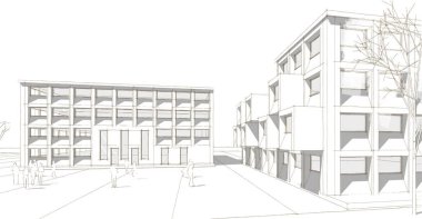 şehir meydanı modern soyut mimari 3D illüstrasyon