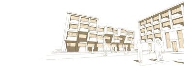 şehir meydanı modern soyut mimari 3D illüstrasyon