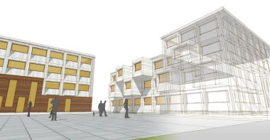 şehir meydanı modern soyut mimari 3D illüstrasyon