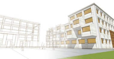 şehir meydanı modern soyut mimari 3D illüstrasyon