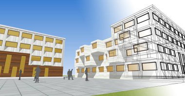 şehir meydanı modern soyut mimari 3D illüstrasyon