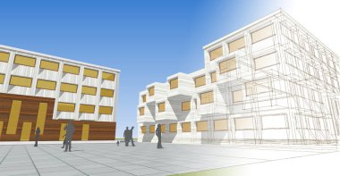 şehir meydanı modern soyut mimari 3D illüstrasyon