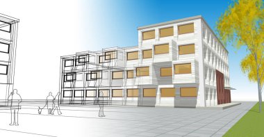 şehir meydanı modern soyut mimari 3D illüstrasyon