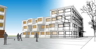 şehir meydanı modern soyut mimari 3D illüstrasyon