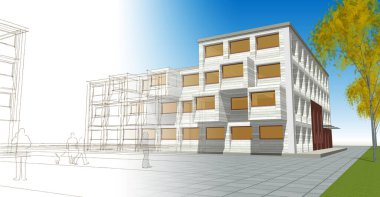 şehir meydanı modern soyut mimari 3D illüstrasyon